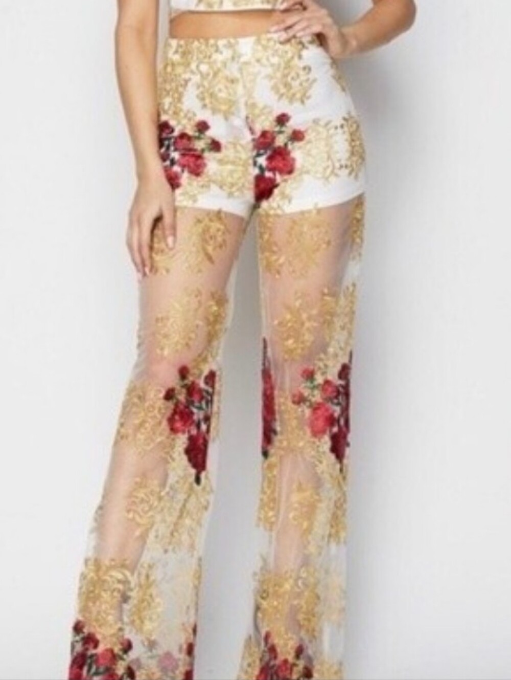 Banjul White Sheer pant with Gold Embroidery and Red Floral Accents